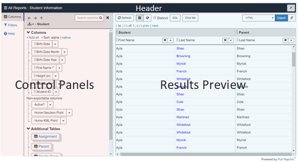 The user interface components of the Ad Hoc Report Creator